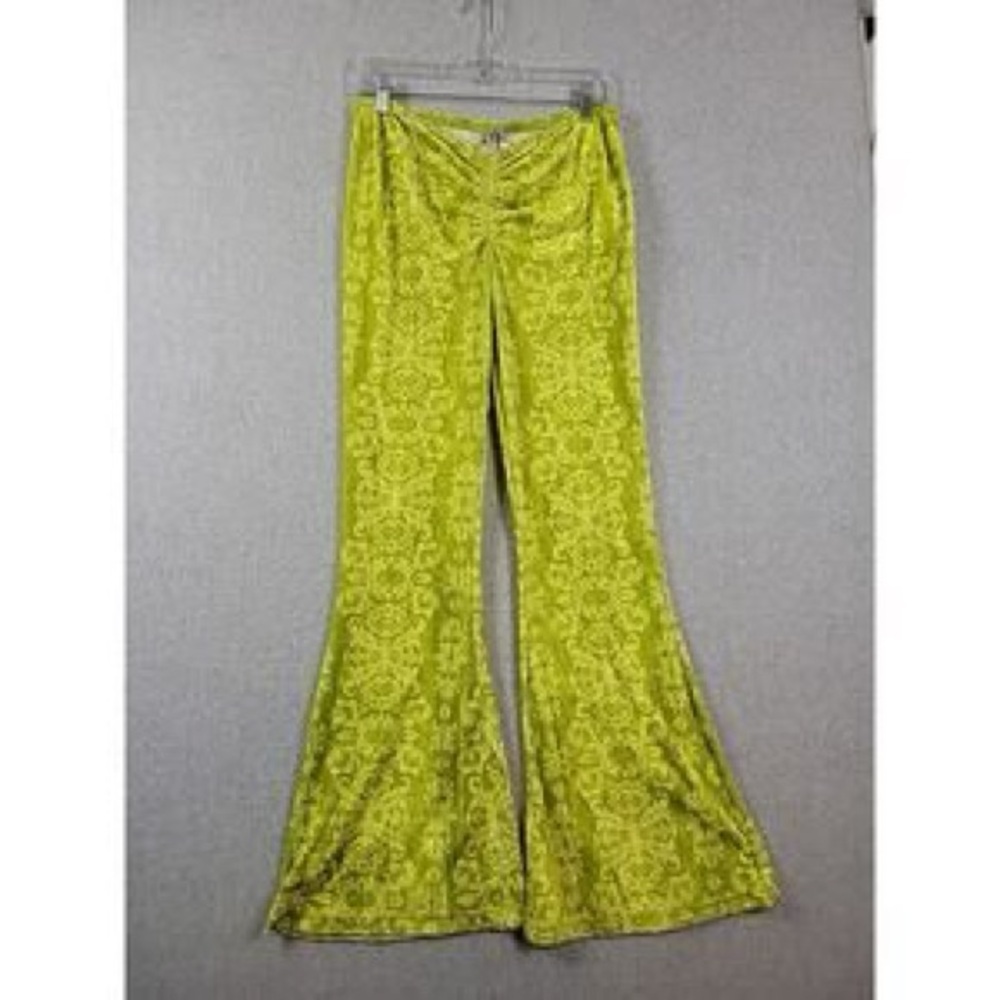 NWT UO Lime Velvet Flare Stretchy Pants Neon Printed Ornate Bohemian
